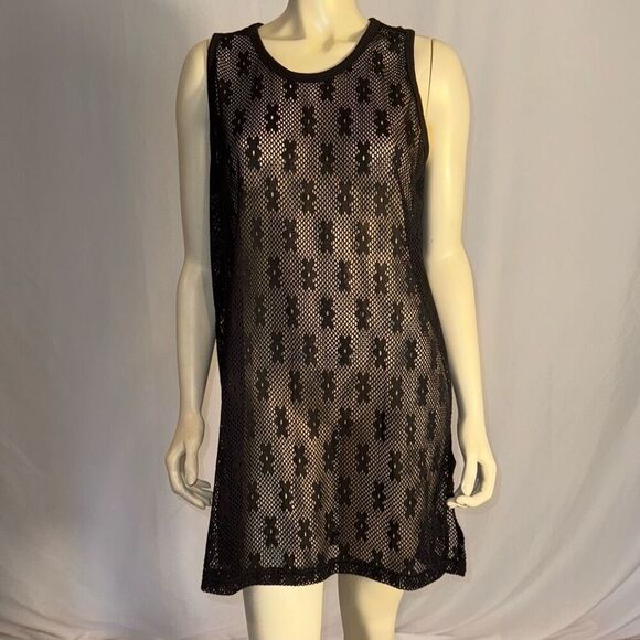 LG Sport Black Sheer Mesh Swim Cover Crochet Shift Cover Up Sundress Size Large - Picture 1 of 13